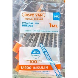 Dispovan 1ML U-100 Insulin Syringe Xtra-Fine 31G (Pack of 10)