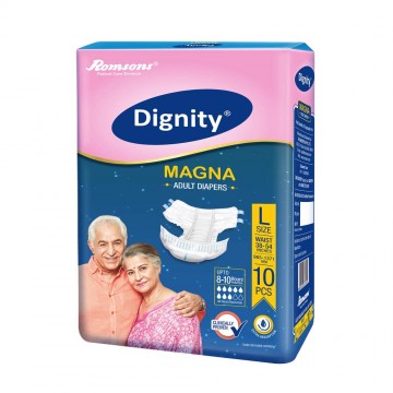 Romsons Dignity MAGNA Adult Diapers Large (Pack of 10 Pcs) for Waist Size 38-54 Inches