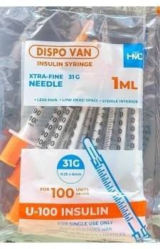 Dispovan 1ML U-100 Insulin Syringe Xtra-Fine 31G (Pack of 10)