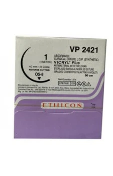 Ethicon VP 2421 VICRYL Plus Absorbable Suture USP 1, 1/2 Circle Reverse Cutting 90cm - Box of 12