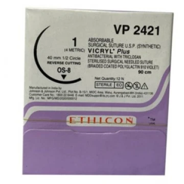 Ethicon VP 2421 VICRYL Plus Absorbable Suture USP 1, 1/2 Circle Reverse Cutting 90cm - Box of 12