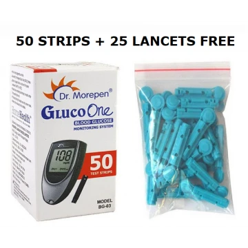 Dr. Morepen GlucoOne BG03 Blood Glucose Test Strips 50 Strips (1X50Pack) with 25 Lancets Free